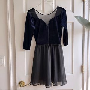 Blue Velvet Dress with Black Skirt and Lace Detail